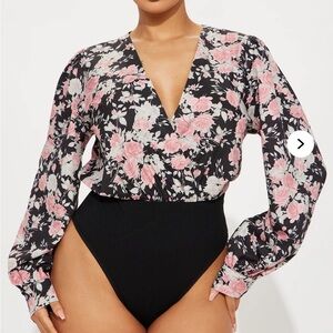 NEW Fashion Nova Womens Floral Bodysuit Black Combo Pink XS Work Luxe Neutral